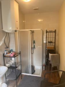 a bathroom with a shower and a toilet and a sink at Pokój i Spokój in Szarki +18 photos