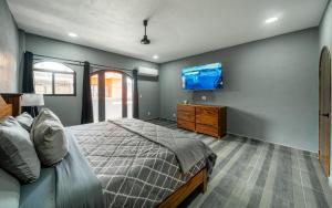 a bedroom with a bed and a flat screen tv at Casa Del Toro in Barra de Navidad