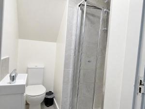 a white bathroom with a toilet and a shower at Private Flat Near City Centre in Peterborough