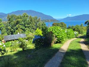 a garden with a bench and a view of the water at cabañasmanantialpanguipulli in Panguipulli