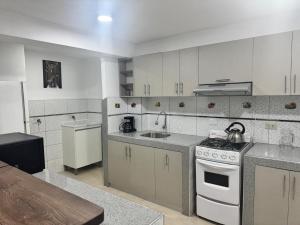 a kitchen with a stove and a sink at Santa Ana Home Cusco in Cusco