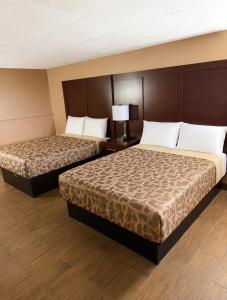 a hotel room with two beds and a lamp at Overlook Mountain Inn in Guntersville