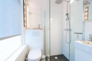 een badkamer met een toilet en een glazen douche bij Bluebeach Scheveningen in Scheveningen