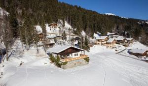 widok z góry na domek narciarski na śniegu w obiekcie Ferienhaus Oberlengau w Saalbach Hinterglemm