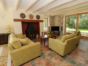 a living room with two couches and a fireplace at Bryn Isaf in Ystrad Meurig