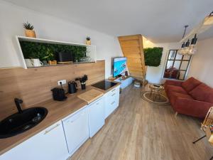a living room with a kitchen and a couch at l'alcôve in Frontignan