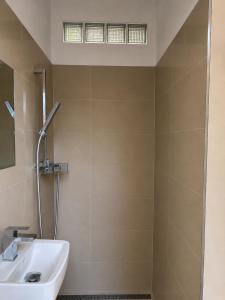 a bathroom with a sink and a shower at Domek u vína in Perná