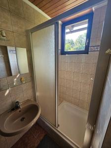 a bathroom with a sink and a shower with a window at Bohinjski kot in Bohinj +18 photos