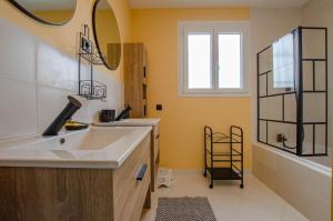 a bathroom with a sink and a mirror and a tub at Vue sur lac in Dienville +38 photos