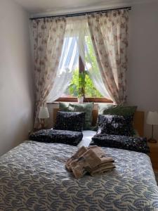 a bedroom with two beds and a window at Cozy Garden Apartment Near Krakow - Free Parking in Gaj