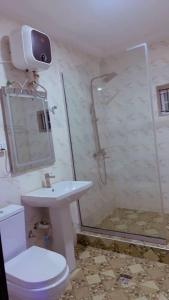 a bathroom with a shower and a toilet and a sink at PrimeNest Apartment in Lekki