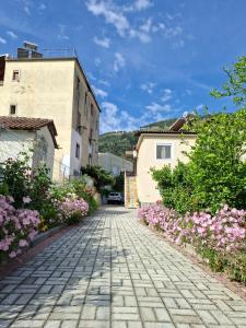 a cobblestone street in a town with flowers at Aliaj Guest House in Berat