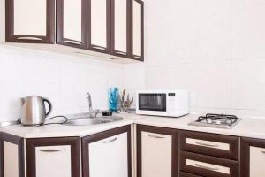 a kitchen with a sink and a microwave at Apartment on Sobornyi Avenue in Zaporozhye