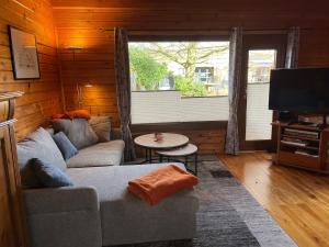 a living room with a couch and a television at Gemütliches Blockhaus in Harsefeld