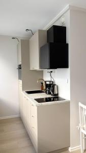 a white kitchen with a sink and a microwave at City Studio Kalliossa in Helsinki