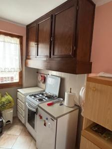 a small kitchen with a stove and a refrigerator at Claudia F in Pievepelago