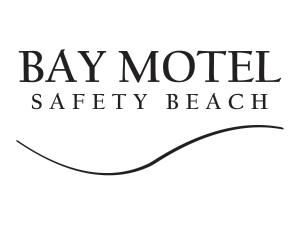 a black and white logo for bay motel safety beach at Bay Motel Safety Beach in Safety Beach