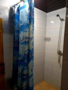 a bathroom with a shower with a blue shower curtain at Плакуча верба in Svityazʼ +5 photos