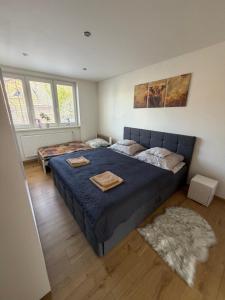 a bedroom with a blue bed and a rug at Farmársky apartmán Agrofarma Dianiška in Tisovec
