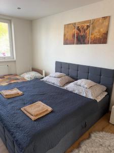 a bedroom with two beds with towels on them at Farmársky apartmán Agrofarma Dianiška in Tisovec