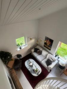 an overhead view of a living room with a couch at Gunnegårds gästhus in Fleninge