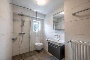 a bathroom with a shower and a toilet and a sink at Schwarzhans Appartments in Bludenz