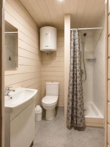 a bathroom with a toilet and a sink and a shower at Atpūtas mājas Leiksnīte in Vaikulāni +72 photos