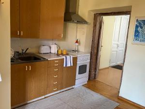 a kitchen with a sink and a stove at Vekšin Old Town & Promenade Apartment, Haapsalu in Haapsalu