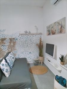 a living room with a couch and a tv at APPARTAMENTO CORALLO with PRIVATE GARDEN in Olbia