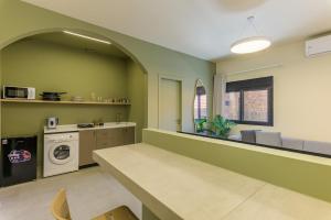 a kitchen with green walls and a washer and dryer at Capri 2-BR Apartment In Bahsa Batroun in Batroûn