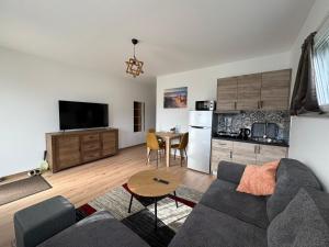 a living room with a couch and a table at Primera Apartments in Palić