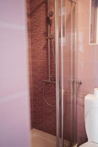 a bathroom with a glass shower with a toilet at Accordi Lontani in Nerezine +16 photos