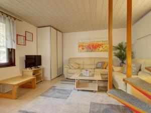 a living room with a couch and a tv at Apartments Dolžan in Bled