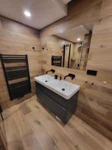 a bathroom with a white sink and a mirror at PEC 140 - apartmány Máj in Pec pod Sněžkou +21 photos