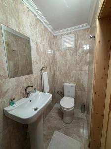 a bathroom with a white sink and a toilet at Sarp Bungalov in Kemalpasa
