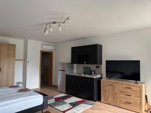 a bedroom with a bed and a flat screen tv at Primera Apartments in Palić +13 photos