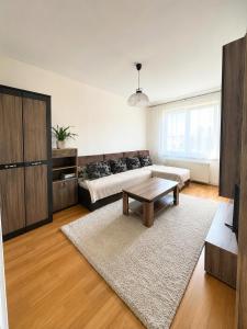 a living room with a couch and a coffee table at Apartman Anna in Závada
