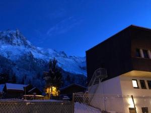 a building with a snow covered mountain in the background at Alpenrose Chamonix in Chamonix