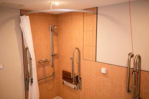 a shower in a bathroom with orange tile at Market Square in Monasterevin