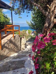 a pathway with pink flowers and a wooden bench at Peter's Village in Kalamaki Messinia