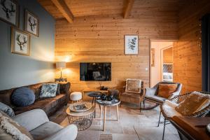 a living room with a couch and chairs and a tv at chalets 4 - les jolis chalets in Barbey-Séroux