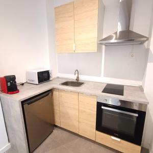 a small kitchen with a sink and a microwave at Apartamentos ATARAZANAS in Málaga