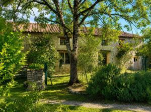 an old stone house with a tree in the yard at Les instants du lot in Trespoux-Rassiels