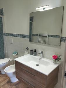 a bathroom with a sink and a toilet and a mirror at La terrazza di Isma in Ghizzano +29 photos