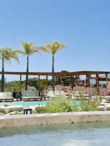 a swimming pool with chairs and palm trees in a resort at Bella Vista Hôtel, Spa & Gastronomie in Porticcio