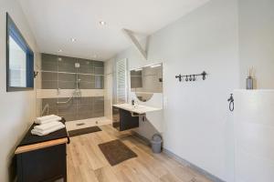 a bathroom with a sink and a shower at Gite Du Bois in Ponts