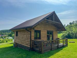 a log cabin with a gambrel roof at Chatki Bies-Czadowe-Bies in Berezka +6 photos