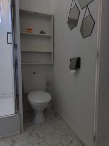 a bathroom with a white toilet and shelves at studio cabine vue sur mer in Sète