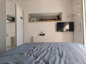a bedroom with a bed and a tv on the wall at studio cabine vue sur mer in Sète
