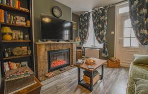 a living room with a fireplace and a tv at Le 10 de coeur in Lusigny-sur-Barse